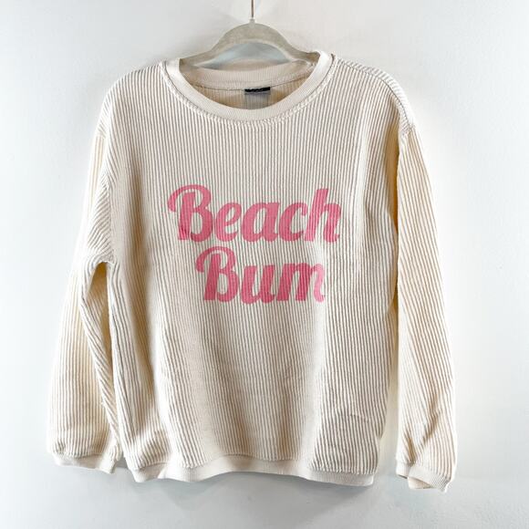 Beach Bum Corded Long Sleeve Crewneck Pullover Sweatshirt Cream Pink Small - Picture 2 of 6